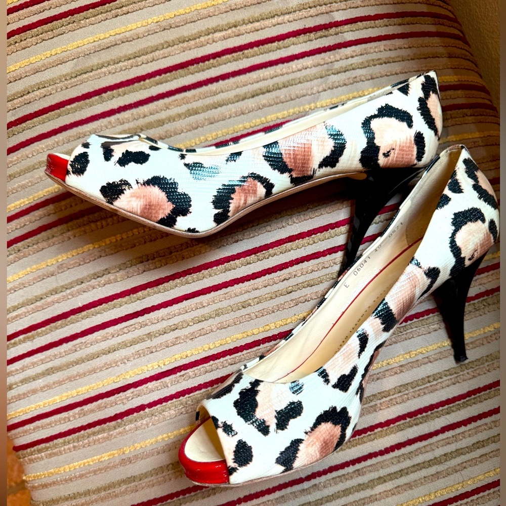 Giuseppe Zanotti Black and White Leopard Print Peep-Toe Heels